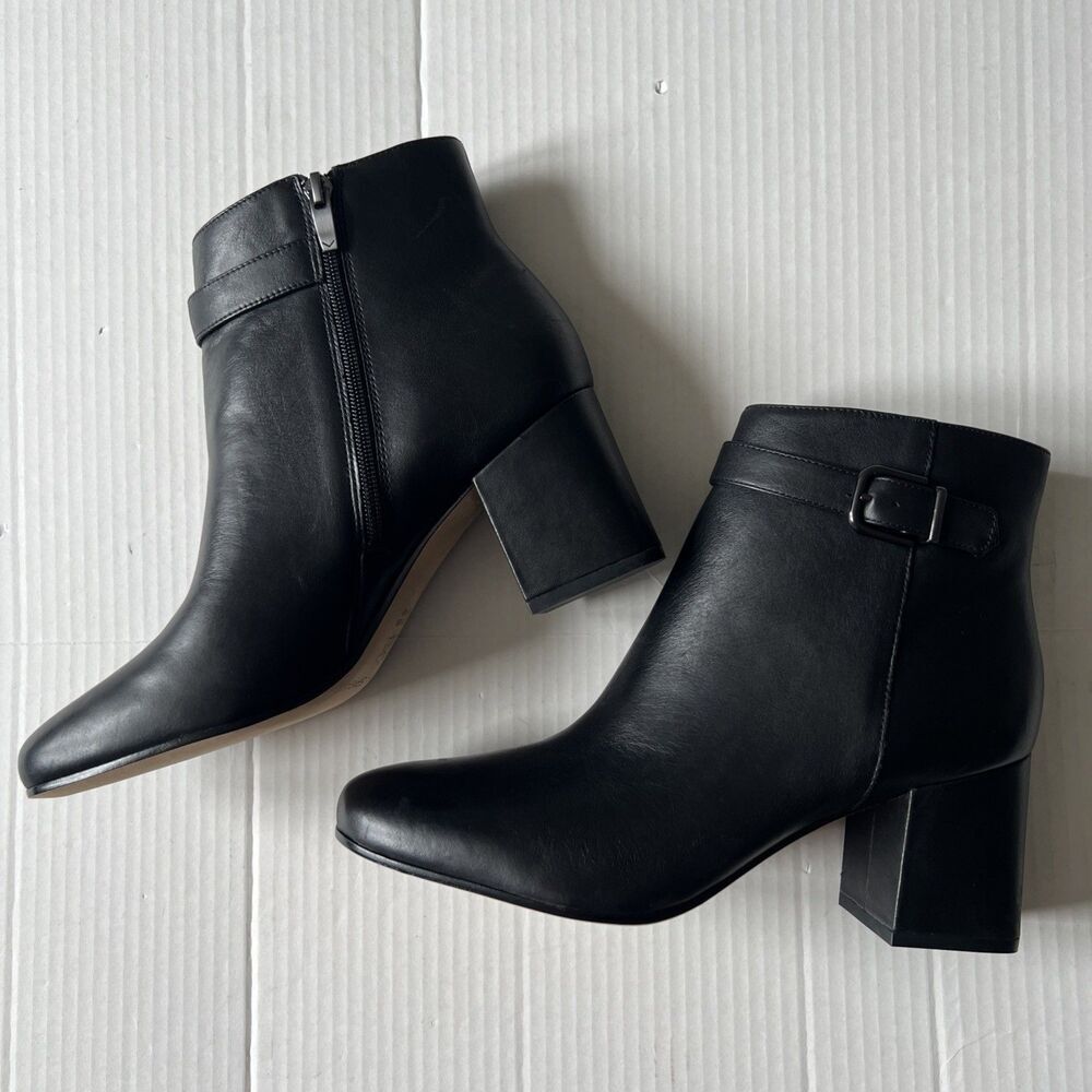 Via Spiga Sz 10.5 Black Maxine Buckle Strap Ankle Boots Block Heel NWOB
